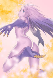 Rule 34 | 1990s (style), 1girl, ass, barefoot, blue eyes, breasts, claws, colored skin, feet, final fantasy, final fantasy vi, long hair, looking back, monster girl, nude, pointy ears, purple hair, purple skin, signature, soles, solo, tina branford, toes, trance terra branford, yukihiro