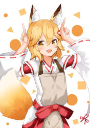 Rule 34 | 1girl, :d, animal ear fluff, animal ears, apron, arms up, blonde hair, blush, brown apron, brown eyes, commentary request, fang, flower, fox ears, fox girl, fox tail, hair between eyes, hair flower, hair ornament, hakama, hakama skirt, highres, japanese clothes, kimono, lemon tea (15058751917), long sleeves, looking at viewer, miko, open mouth, red flower, red hakama, ribbon-trimmed legwear, ribbon trim, senko (sewayaki kitsune no senko-san), sewayaki kitsune no senko-san, skirt, smile, solo, tail, tail raised, white background, white kimono, wide sleeves