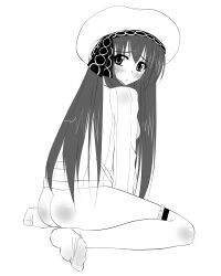 Rule 34 | 1girl, arin, ass, blush, bottomless, greyscale, hat, long hair, monochrome, naked sweater, pangya, ribbed sweater, socks, solo, sweater, thighhighs