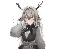 Rule 34 | 1girl, alina (arknights), arknights, black neckerchief, blouse, blue eyes, blush, brown dress, closed mouth, commentary request, dress, grey hair, grey sash, hair ornament, hand on own face, hand up, highres, horn/wood, horns, long hair, long sleeves, looking at viewer, neckerchief, pointy ears, sash, shirt, simple background, sleeveless, sleeveless dress, smile, solo, upper body, white background, white shirt