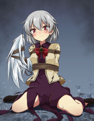 Rule 34 | 1girl, absurdres, angel wings, bdsm, blush, bondage, bound, bow, bowtie, closed mouth, dress, feathered wings, green brooch, grey hair, highres, jacket, kishin sagume, long sleeves, looking at viewer, medium hair, open clothes, open jacket, purple dress, red bow, red bowtie, red eyes, restrained, shibari, shoes, single wing, sitting, solo, suit jacket, sweat, tears, touhou, tsuukinkaisoku oomiya, white wings, wings