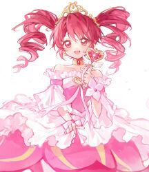 Rule 34 | 1girl, absurdres, bare shoulders, commentary, crown, dorannnn, dress, drill hair, earrings, fine (futagohime), fushigiboshi no futago hime, highres, holding, holding wand, jewelry, long hair, looking at viewer, magical girl, pink dress, pink eyes, pink hair, simple background, smile, solo, symbol-only commentary, wand, white background