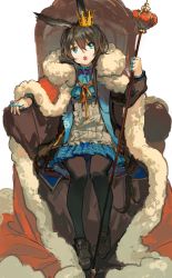 Rule 34 | 1girl, :o, absurdres, amiya (arknights), animal ears, aqua eyes, arknights, ascot, black coat, black footwear, black pants, blue ascot, blue skirt, brown hair, cape, coat, crown, full body, fur-trimmed cape, fur trim, grey shirt, highres, holding, holding scepter, jewelry, jiu yang, long hair, looking at viewer, miniskirt, multiple rings, open clothes, open coat, open mouth, orange ribbon, pants, pantyhose, pleated skirt, rabbit ears, red cape, ribbon, ring, scepter, shirt, simple background, sitting, skirt, solo, white background