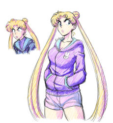 Rule 34 | 1girl, animal print, artist name, bishoujo senshi sailor moon, blonde hair, blue eyes, collarbone, commentary, cowboy shot, double bun, emlirjak, english commentary, hair bun, highres, hood, hoodie, inset, long hair, looking to the side, multiple views, open mouth, pink hoodie, pink shorts, rabbit print, shorts, simple background, solo, tsukino usagi, twintails, upper body, white background
