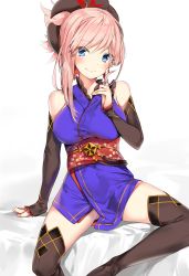 Rule 34 | 1girl, asymmetrical hair, black thighhighs, blue eyes, blush, breasts, detached sleeves, earrings, fate/grand order, fate (series), floral print, hair ornament, twirling hair, highres, japanese clothes, jewelry, kimono, large breasts, long hair, looking at viewer, miyamoto musashi (fate), miyamoto musashi (first ascension) (fate), obi, pink hair, sash, short kimono, silver (chenwen), sitting, sleeveless, sleeveless kimono, smile, solo, spread legs, thighhighs, underbust, white background