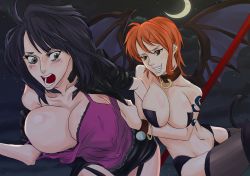 Rule 34 | 2girls, arm grab, bare shoulders, bat wings, black hair, blush, bracelet, breasts, brown eyes, cleavage, clenched teeth, clothes grab, collar, collarbone, crescent moon, demon girl, demon tail, demon wings, evil smile, fang, female focus, grey eyes, half-closed eyes, highres, huge breasts, jacket, jewelry, large breasts, mattsun (lyohei-adgjmptw), midriff, monster girl, moon, multiple girls, nami (one piece), naughty face, navel, nico robin, night, night sky, no nipples, off shoulder, one piece, open mouth, orange hair, scared, short hair, sickle, sky, smile, star (symbol), strap slip, demon girl, surprised, tail, tattoo, teeth, undressing, wings, you gonna get raped, yuri