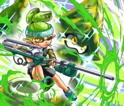 Rule 34 | aiming, bomberman, camouflage, camouflage shirt, cigarette, e-liter 3k (splatoon), firing, green hair, headband, higami akabane, inkling, inkling boy, inkling player character, mask, nintendo, one eye closed, paint, pointy ears, serious, shirt, shoes, shorts, sneakers, sparkle, tentacle hair, white bomberman, yellow eyes