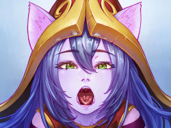Rule 34 | 1girl, blue hair, close-up, deathwingxiii, gradient background, green eyes, league of legends, lulu (league of legends), open mouth, oral invitation, purple hair, solo, tagme, uvula