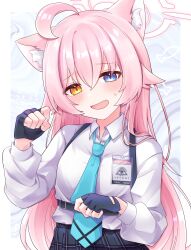 Rule 34 | 1girl, absurdres, animal ear fluff, animal ears, black gloves, black skirt, blue archive, blue eyes, blue necktie, blush, border, bow, cat ears, collared shirt, commentary request, embarrassed, fang, fingerless gloves, gloves, hair between eyes, hair flaps, halo, heterochromia, highres, hoshino (blue archive), kemonomimi mode, long sleeves, multicolored bow, necktie, nervous smile, nifuji, open mouth, paw pose, pink hair, pink halo, plaid, plaid skirt, pleated skirt, puffy long sleeves, puffy sleeves, shirt, skin fang, skirt, smile, solo, white border, white shirt, yellow eyes