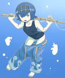 Rule 34 | 1girl, air bubble, bare arms, barefoot, blue eyes, blue hair, blue pants, blush, breasts, bright pupils, bubble, clothes pull, collarbone, creatures (company), fishing rod, game freak, hairband, highres, holding, holding fishing rod, lana (pokemon), looking at viewer, nintendo, nutkingcall, one-piece swimsuit, open mouth, outline, pants, pants pull, pokemon, pokemon sm, short hair, smile, solo, swimsuit, teeth, toes, tongue, trial captain, underwater, white pupils, yellow hairband