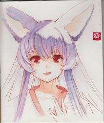 Rule 34 | 1girl, :d, animal ear fluff, animal ears, collarbone, cropped torso, dated, fox ears, hair between eyes, hand up, highres, japanese clothes, kimono, long hair, looking at viewer, open mouth, original, photo (medium), red eyes, silver hair, smile, solo, traditional media, upper body, white kimono, yuuji (yukimimi)