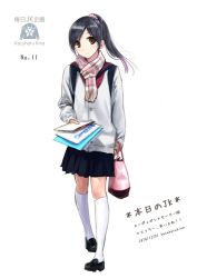 Rule 34 | 10s, 1girl, 2014, arm at side, artist name, backpack, bag, brown eyes, cardigan, dated, flat chest, full body, hair ornament, hair scrunchie, holding, kazuharu kina, kneehighs, loafers, long hair, long sleeves, looking at viewer, neckerchief, notebook, original, pigeon-toed, plaid, pleated skirt, ponytail, scarf, school bag, school uniform, scrunchie, shoes, simple background, skirt, socks, solo, standing, white background, white socks
