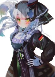 Rule 34 | 1girl, bad id, bad twitter id, blunt bangs, blush, breasts, buckle, cowboy shot, dress, expressionless, facial mark, floating hair, german flag, girls&#039; frontline, gloves, green eyes, hair ornament, hanato (seonoaiko), hand on own hip, headset, highres, hk416 (girls&#039; frontline), hk416 (mod3) (girls&#039; frontline), jacket, long hair, looking at viewer, medium breasts, mod3 (girls&#039; frontline), name tag, open clothes, open jacket, sidelocks, silver hair, snap-fit buckle, solo, twitter username, very long hair, white background
