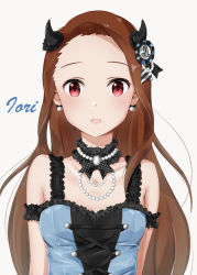 Rule 34 | 1girl, arm behind back, black ribbon, brown hair, character name, choker, collarbone, earrings, fake horns, floating hair, hair ribbon, highres, horns, idolmaster, idolmaster (classic), jewelry, long hair, looking at viewer, minase iori, mogskg, necklace, open mouth, red eyes, ribbon, simple background, sleeveless, solo, striped ribbon, upper body, very long hair, white background
