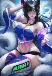 Rule 34 | 1girl, ahoge, ahri (league of legends), animal ears, arm up, artist name, bare shoulders, black hair, breasts, brown eyes, character name, choker, cleavage, cosplay, crop top, d.va (overwatch), d.va (overwatch) (cosplay), detached sleeves, facial mark, fingernails, fox ears, fox girl, fox tail, groin, hair over breasts, hand on own head, headphones, kneeling, large breasts, league of legends, light particles, lips, long hair, looking at viewer, magic, midriff, multiple tails, nail polish, navel, overwatch, overwatch 1, parted lips, pink lips, riot games, sakimichan, seiza, sharp fingernails, short shorts, shorts, sideboob, sidelocks, sitting, skindentation, smile, smirk, solo, stomach, tail, thighhighs, thighs, watermark, whisker markings, yellow eyes