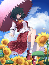 Rule 34 | 1girl, ascot, blue sky, breasts, cloud, day, female focus, field, flower, flower field, green hair, highres, kazami yuuka, large breasts, long sleeves, open clothes, open vest, parasol, petals, red eyes, revision, rihito (usazukin), shirt, skirt, sky, solo, sunflower, sunflower field, touhou, umbrella, vest