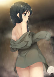 Rule 34 | 1girl, bare shoulders, black hair, blush, chito (shoujo shuumatsu ryokou), creature, dutch angle, from behind, green eyes, green jacket, highres, indoors, jacket, long hair, long sleeves, looking away, looking to the side, off shoulder, parted lips, shoujo shuumatsu ryokou, shoulder blades, sleeves past wrists, solo, tomifumi, undressing, wet