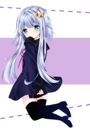 Rule 34 | 1girl, adapted costume, black footwear, black sailor collar, black thighhighs, blue dress, blue hair, boots, covered mouth, crescent, crescent hair ornament, dress, full body, green eyes, hair between eyes, hair ornament, kantai collection, long hair, long sleeves, looking at viewer, looking to the side, nanase nao, sailor collar, sailor dress, short hair with long locks, sleeves past wrists, solo, thigh boots, thighhighs, very long hair, yayoi (kancolle)
