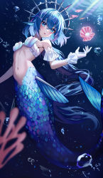 Rule 34 | 1girl, absurdres, air bubble, blue eyes, blue hair, blurry, blurry foreground, breasts, bubble, fins, gloves, head fins, highres, looking at viewer, medium breasts, medium hair, mermaid, midriff, monster girl, navel, original, parted lips, poise, solo, underwater, white gloves