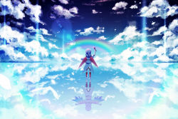 Rule 34 | 1girl, akinomiya asuka, arm up, bird, cloud, cloudy sky, collar, different reflection, facing away, feather hair ornament, feathered wings, feathers, hair ornament, hat, hollow song of birds, kneehighs, lens flare, light rays, outstretched arms, paint, paintbrush, palette (object), rainbow, rainbow wings, red socks, reflection, reflective water, ripples, shirt, silhouette, sky, socks, solo, standing, standing on liquid, star (sky), tailcoat, torisumi horou, water, white footwear, white hair, white hat, wings