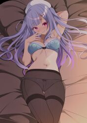 Rule 34 | 1girl, absurdres, ajax (azur lane), arm up, azur lane, bed, blue bra, bra, breasts, cleavage, from above, hat, highres, lace, lace-trimmed bra, lace trim, looking at viewer, lying, medium breasts, on back, on bed, origami aya, panties, panties under pantyhose, pantyhose, pillow, pink eyes, purple eyes, solo, thighband pantyhose, underwear, white trim