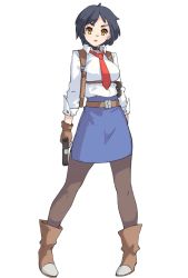 Rule 34 | 1girl, arms at sides, belt, blue hair, blue skirt, boots, breasts, brown footwear, brown pantyhose, closed mouth, collared shirt, full body, gun, handgun, highres, holding, holding gun, holding weapon, holster, legs apart, long sleeves, looking at viewer, medium breasts, necktie, original, pantyhose, pencil skirt, pigeon-toed, pistol, red necktie, shirt, short hair, skirt, solo, standing, uniform, vins-mousseux, weapon, white shirt, wing collar, yellow eyes