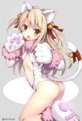 Rule 34 | 1girl, animal ears, animal hands, ass, bare shoulders, bell, blonde hair, blush, breasts, cat ears, cat paws, cat tail, commentary request, elbow gloves, fang, fate/kaleid liner prisma illya, fate (series), fur collar, fur trim, gloves, hair bell, hair ornament, hair ribbon, illyasviel von einzbern, jingle bell, long hair, looking at viewer, official alternate costume, one-piece swimsuit, open mouth, osa (osaosa), paw gloves, paw shoes, red eyes, ribbon, shoes, slingshot swimsuit, small breasts, solo, swimsuit, tail, tail bell, tail ornament, tail ribbon, thighs, thong, twitter username, two side up, white gloves, white one-piece swimsuit
