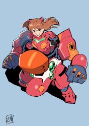 Rule 34 | 1girl, blue eyes, bodysuit, breasts, brown hair, clenched hands, eva 02, highres, interface headset, long hair, looking at viewer, mecha, medium breasts, neon genesis evangelion, open mouth, plugsuit, red bodysuit, redesign, robot, shiny clothes, signature, simple background, small breasts, solo, souryuu asuka langley, standing, two side up, vehicle interior, zestysauce