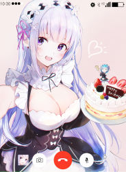 Rule 34 | 2girls, :d, absurdres, an64239626, apron, bad id, bad pixiv id, bare shoulders, black dress, blue eyes, blue hair, blunt bangs, blush, bow, breasts, cake, chromatic aberration, cleavage, copyright name, cosplay, detached collar, dress, elf, emilia (re:zero), flower knot, food, fruit, hair ornament, hair ribbon, hairband, hairclip, heart, highres, holding, holding plate, large breasts, lolita hairband, long hair, looking at viewer, maid, mini person, minigirl, multiple girls, open mouth, outstretched arm, pink background, pink ribbon, plate, pointy ears, purple eyes, re:zero kara hajimeru isekai seikatsu, rem (re:zero), rem (re:zero) (cosplay), ribbon, silver hair, simple background, sleeveless, sleeveless dress, smile, straight hair, strawberry, underbust, very long hair, waist apron, white apron, white bow