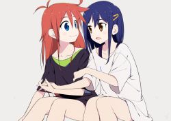 Rule 34 | 2girls, antenna hair, holding another&#039;s arm, bad id, bad twitter id, blue eyes, blue hair, blush stickers, brown eyes, casual, collarbone, commentary, flip flappers, hair ornament, hairclip, holding hands, kokomine cocona, long hair, multiple girls, open mouth, papika (flip flappers), red hair, shirt, side-by-side, signature, simple background, so shina, sohin, t-shirt, yuri