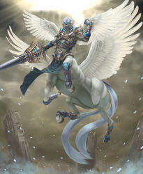 Rule 34 | 1boy, armor, armpits, black gloves, building, centaur, cityscape, clenched hand, cloud, cloudy sky, commentary request, covered face, elbow gloves, feathered wings, floating, fog, full body, gauntlets, gloves, hand up, helmet, holding, holding polearm, holding weapon, hooves, horns, horse tail, male focus, monster boy, multiple legs, multiple wings, muscular, original, outdoors, pelvic curtain, polearm, saikoro (et1312), shin guards, short hair, shoulder armor, single horn, sky, solo, sunlight, tail, taur, weapon, white armor, white hair, white wings, wings