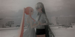 Rule 34 | 2girls, belt, belt buckle, black belt, black hair, black shorts, blush, breasts, buckle, building, chihuri, closed mouth, cloud, cloudy sky, collared shirt, dress, eye contact, gradient hair, grey eyes, grey hair, hair between eyes, hair ribbon, highres, holding hands, long hair, looking at another, medium breasts, multicolored hair, multiple girls, no legwear, original, outdoors, overcast, parted lips, pink hair, ponytail, profile, ribbon, ruins, shirt, short shorts, shorts, sky, sleeveless, sleeveless dress, smile, snow, snowing, standing, very long hair, white dress, white ribbon, white shirt, yana (chihuri), zoya petrovna vecheslova