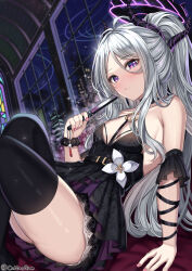 Rule 34 | 1girl, bare shoulders, black choker, black dress, black thighhighs, blue archive, breasts, cenangam, choker, closed mouth, collarbone, dress, folding fan, grey hair, halo, hand fan, highres, hina (blue archive), holding, holding fan, horns, long hair, looking at viewer, medium breasts, ponytail, purple eyes, sitting, solo, thighhighs, thighs