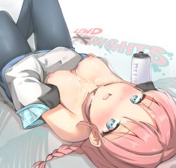 Rule 34 | 1girl, arknights, bare shoulders, blue eyes, blue poison (arknights), blue poison (shoal beat) (arknights), blue shorts, blush, bottle, braid, breasts, choker, cleavage, copyright name, cum, cum in mouth, cum on body, cum on breasts, cum on hair, cum on upper body, earrings, eru (aeeu2243), facial, highres, jacket, jewelry, long hair, nipples, o-ring, o-ring choker, off shoulder, official alternate costume, open clothes, open jacket, open mouth, pants, pants under shorts, pink choker, pink hair, shorts, solo, twin braids, water bottle, white jacket, yoga pants