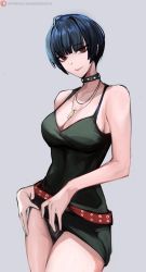 Rule 34 | absurdres, blue hair, breasts, brown eyes, choker, clothes lift, come hither, dress, dress lift, highres, lifting own clothes, looking at viewer, nero watch, panties, persona, persona 5, presenting, short hair, takemi tae, thick thighs, thighs, underwear