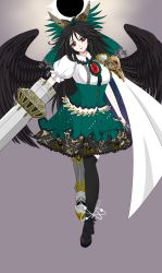 Rule 34 | 1girl, absurdres, adapted costume, alternate costume, alternate weapon, ankle ribbon, arm cannon, armor, asymmetrical footwear, asymmetrical legwear, black footwear, black hair, black sun, black thighhighs, black wings, boots, bow, breasts, cape, chaofan no a kong, claw ring, clock hands, cross-laced footwear, embellished costume, eyelashes, feathered wings, floating, frilled shirt collar, frills, full body, gears, greaves, green skirt, hair bow, head tilt, high heels, high ponytail, highres, large breasts, leg ribbon, long hair, looking at viewer, armored boots, mismatched footwear, parted lips, pauldrons, ponytail, puffy short sleeves, puffy sleeves, purple background, red eyes, reiuji utsuho, ribbon, shoes, short sleeves, shoulder armor, simple background, single boot, single greave, single pauldron, single shoe, single thighhigh, skirt, solo, space, star (symbol), star print, sun, symbol, thighhighs, third eye, touhou, underbust, uneven legwear, very long hair, weapon, wide ponytail, wings