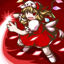 Rule 34 | 1girl, ascot, blonde hair, fang, female focus, flandre scarlet, fukaiton, full body, hat, hat ribbon, lowres, mob cap, open mouth, puffy short sleeves, puffy sleeves, red background, red eyes, red ribbon, red skirt, ribbon, shoes, short sleeves, side ponytail, skirt, solo, touhou, wings