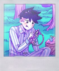 Rule 34 | 1boy, basket, blue flower, blue pajamas, blue pants, blue shirt, blush, bright pupils, buttons, collared shirt, colored skin, feet out of frame, flower, flower wreath, game cg, grass, hair behind ear, hero (headspace) (omori), hero (omori), holding, holding wreath, leaf, long sleeves, lowres, multicolored clothes, multicolored pajamas, multicolored pants, multicolored shirt, official art, omocat, omori, outdoors, pajamas, pants, pink flower, purple eyes, purple flower, purple hair, purple sky, shirt, short hair, sitting, sky, solo, striped clothes, striped pajamas, striped pants, striped shirt, third-party source, tree, two-tone pajamas, two-tone pants, two-tone shirt, vertical-striped clothes, vertical-striped pajamas, vertical-striped pants, vertical-striped shirt, white pajamas, white pants, white pupils, white shirt, white skin