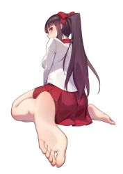 Rule 34 | 1girl, absurdres, barefoot, blue eyes, blunt bangs, blush, bow, collar, collared shirt, commentary, feet, foot focus, full body, highres, long hair, long sleeves, looking at viewer, new game!, pleated skirt, ponytail, purple hair, red bow, red collar, red ribbon, red skirt, rekaerb maerd, ribbon, shirt, sidelocks, sitting, skirt, soles, solo, takimoto hifumi, toes, white shirt