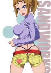 Rule 34 | 1girl, absurdres, ass, belt, blonde hair, blue eyes, breasts, clothes lift, covered erect nipples, g-string, gundam, gundam build fighters, gundam build fighters try, heart, highleg, highleg panties, highres, hoshino fumina, jacket, large breasts, long sleeves, looking at viewer, open mouth, panties, scan, scrunchie, shirt lift, short hair, short shorts, shorts, simple background, solo, standing, suna (sandworks), thong, track jacket, underwear, whale tail (clothing), white background, white legwear