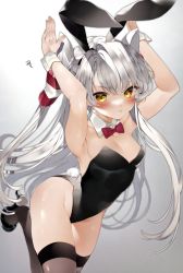 Rule 34 | 1girl, amatsukaze (kancolle), animal ears, armpits, arms up, black leotard, blush, bow, bowtie, breasts, brown eyes, brown thighhighs, bunny day, covered navel, detached collar, embarrassed, fake animal ears, fake tail, gradient background, grey background, grey hair, hair between eyes, hair tubes, highres, irokiiro, kantai collection, leotard, long hair, playboy bunny, rabbit ears, rabbit pose, rabbit tail, small breasts, smile, solo, strapless, strapless leotard, tail, thighhighs, traditional bowtie, two side up, white hair, wrist cuffs