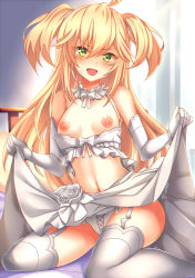 Rule 34 | 1girl, :d, admiral hipper (azur lane), ahoge, azur lane, bare shoulders, blonde hair, blush, breasts, bride, clothes lift, curtains, day, elbow gloves, garter straps, gatchapowa, gloves, green eyes, hair between eyes, indoors, lifting own clothes, long hair, looking at viewer, mole, mole under eye, nipples, on bed, open mouth, panties, sidelocks, sitting, skirt, skirt lift, small breasts, smile, thighhighs, two side up, underwear, wariza, white gloves, white panties, white skirt, white thighhighs