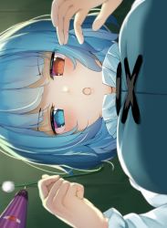 Rule 34 | 1girl, :o, bad id, bad pixiv id, blue eyes, blue hair, blush, breasts, ceiling, commentary request, from below, heterochromia, karakasa obake, large breasts, long sleeves, looking at viewer, looking down, mimikaki, open mouth, piyodesu, pov, short hair, solo, tatara kogasa, touhou, umbrella, upper body, v-shaped eyebrows