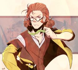 Rule 34 | 10s, 1boy, adjusting clothes, classicaloid, coat, franz schubert (classicaloid), glasses, hair slicked back, ladama, looking at viewer, male focus, orange hair, pink eyes, semi-rimless eyewear, signature, simple background, solo, two-tone background, upper body, vest