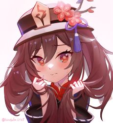 Rule 34 | 1girl, black hat, blush, brown hair, face, flower, genshin impact, hand in own hair, hat, hat flower, highres, hirotaka0125, hu tao (genshin impact), long sleeves, looking at viewer, red eyes, simple background, solo, sweatdrop, symbol-shaped pupils, top hat, twintails, white background