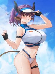 Rule 34 | 1girl, absurdres, animal ears, arknights, bikini, black gloves, blue sky, blush, breasts, clenched teeth, cloud, cloudy sky, cow ears, cow girl, cow horns, cow tail, cowboy shot, day, fingerless gloves, gloves, hair intakes, hand on headwear, highres, horns, karacak, large breasts, long sleeves, looking at viewer, navel, official alternate costume, outdoors, parted lips, purple hair, short hair, sideroca (arknights), sideroca (light breeze) (arknights), sky, smile, solo, stomach, sweat, swimsuit, tail, teeth, thigh strap, visor cap, white bikini, yellow eyes