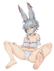 Rule 34 | 1girl, absurdres, animal ear fluff, animal ears, ass, bare legs, bare shoulders, blue eyes, bra, breasts, cameltoe, cleavage, collarbone, expressionless, feet, final fantasy, final fantasy xiv, foot focus, foreshortening, full body, glasses, grey hair, hair over one eye, highres, large breasts, looking at viewer, navel, panties, rabbit ears, reclining, ribbon trim, romana, semi-rimless eyewear, short hair with long locks, simple background, solo, under-rim eyewear, underwear, viera, warrior of light (ff14), white background, white bra, white panties