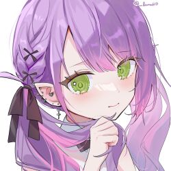 Rule 34 | 1girl, black ribbon, blush, braid, close-up, closed mouth, commentary request, cross, cross earrings, ear piercing, earrings, green eyes, hair behind ear, hair ornament, hair ribbon, highres, holding, holding own hair, hololive, jewelry, long hair, looking at viewer, luna (luna610), multicolored hair, piercing, pink hair, pointy ears, portrait, purple hair, ribbon, shirt, simple background, sleeveless, smile, solo, streaked hair, tokoyami towa, twintails, upper body, virtual youtuber, white background, white shirt
