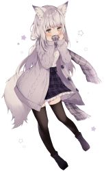 Rule 34 | 1girl, absurdres, animal ears, bad id, bad pixiv id, black thighhighs, bright pupils, cardigan, commission, covered mouth, enpera, fake animal ears, frilled skirt, frills, full body, grey eyes, highres, long hair, long sleeves, looking at viewer, matsusaka gyuu, open cardigan, open clothes, original, plaid, plaid skirt, scarf, shirt, silver hair, simple background, skeb commission, skirt, solo, tail, thighhighs, white background, zettai ryouiki