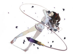 Rule 34 | 1girl, back, black gloves, brown hair, closed mouth, commission, drill hair, dutch angle, gem, gloves, grey background, hair ribbon, high heels, holding, holding weapon, holding whip, incoming attack, long hair, looking at viewer, petals, red eyes, red ribbon, ribbon, simple background, solo, standing, star (symbol), suvin (mononochi), weapon, whip, white footwear